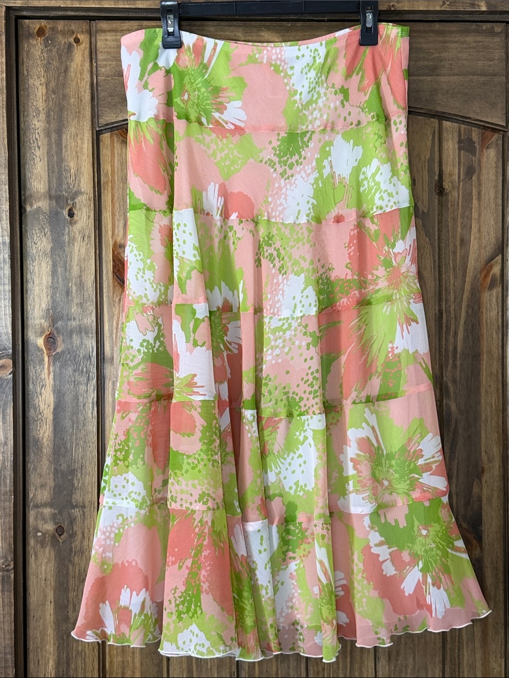 Ruby Rd. Peach, Green & White Floral Tiered A-Line Skirt